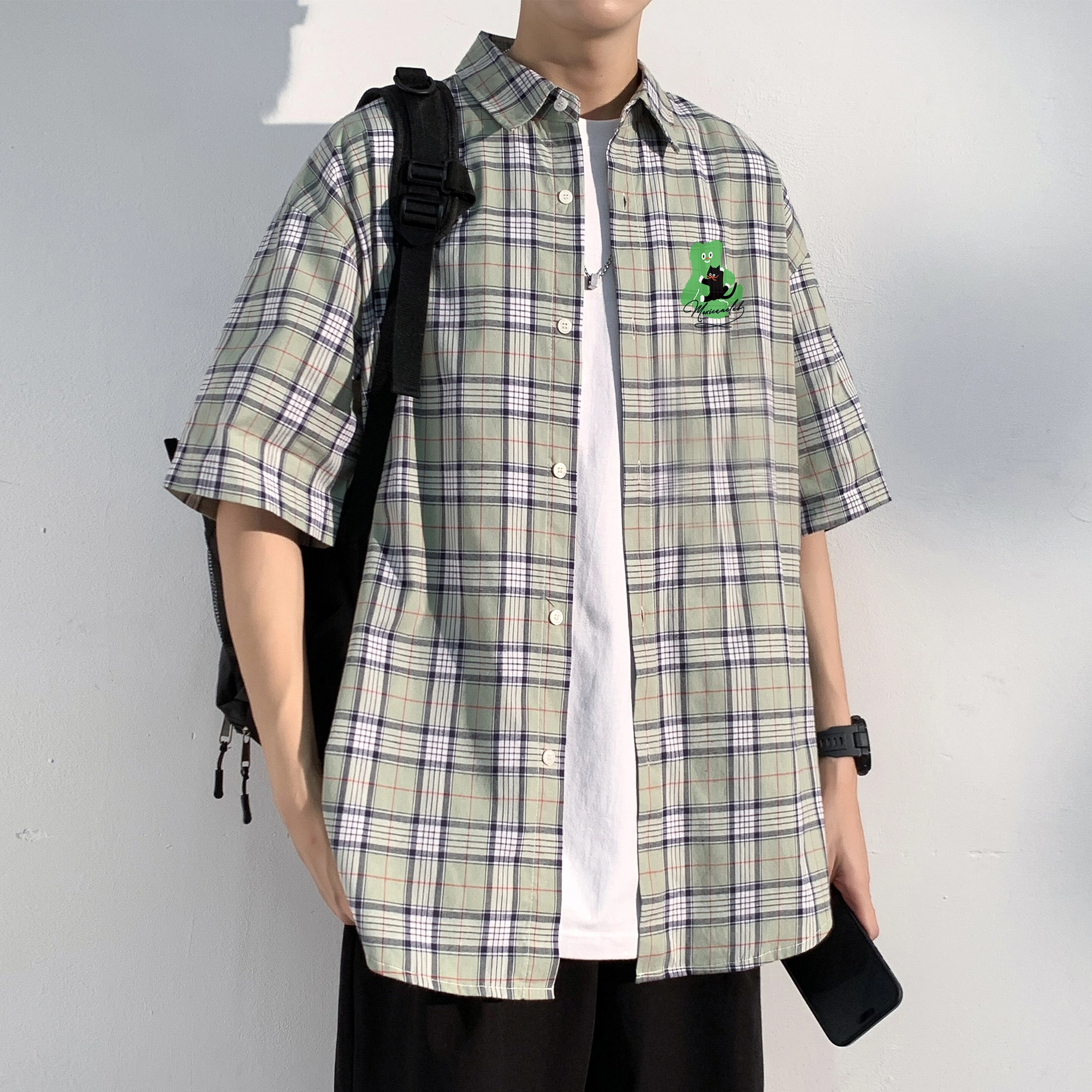 稻草人 小清新格纹可爱猫咪涂鸦印花透气休闲宽松多彩格子短袖衬衫 男女同款