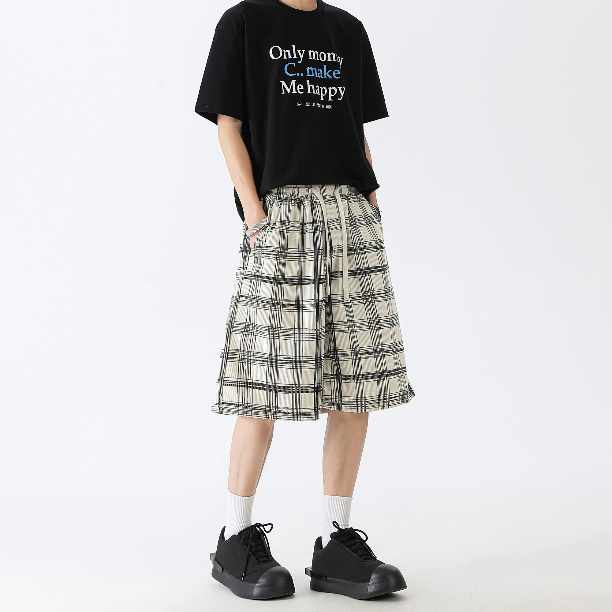 稻草人 美式高街格子条纹宽松运动百搭时尚五分潮流休闲短裤 男女同款