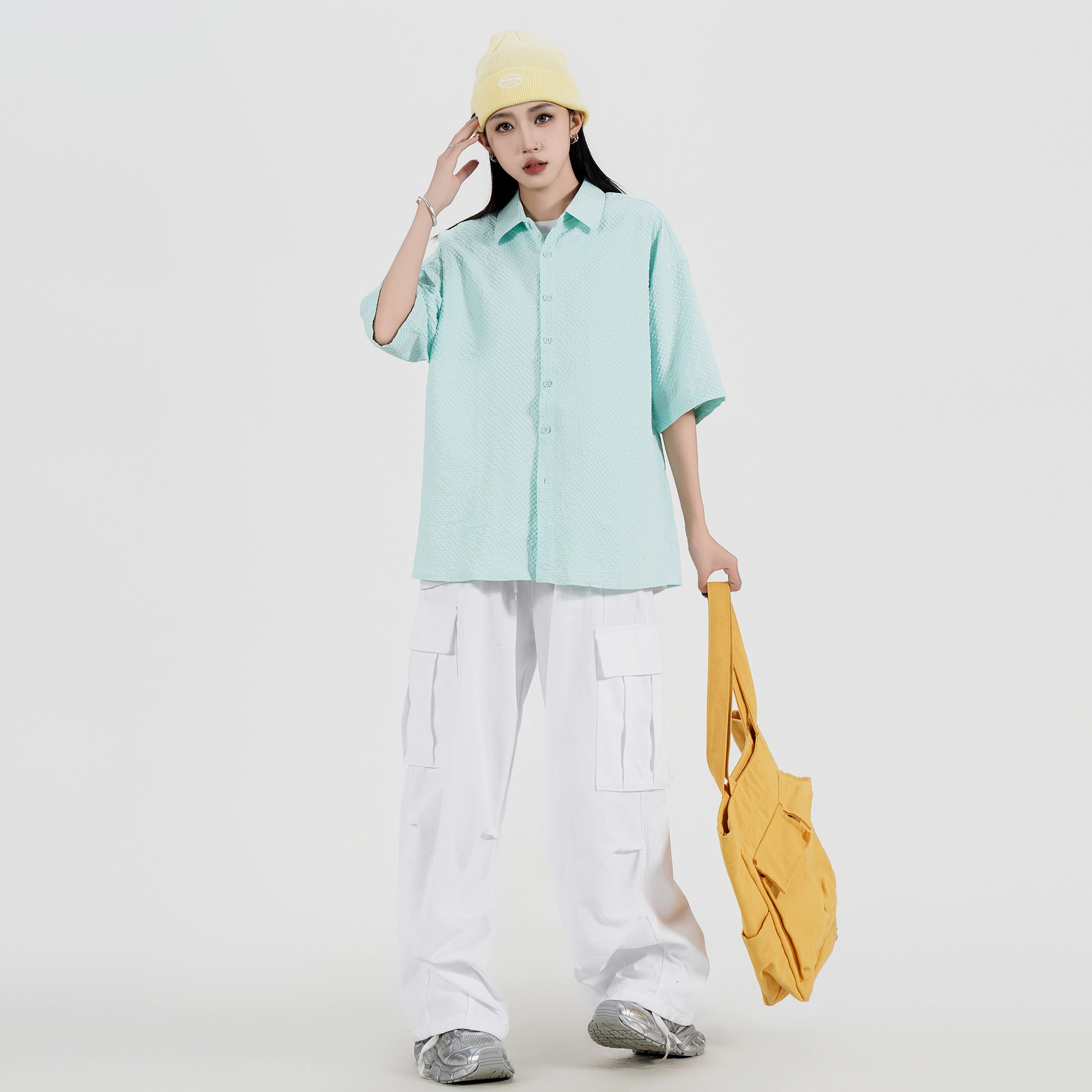 稻草人 小香风系列 日系简约基础款纯色泡泡沙翻领单排纽扣显瘦百搭宽松休闲学院风日常通勤舒适透气亲肤短袖衬衫 男女同款