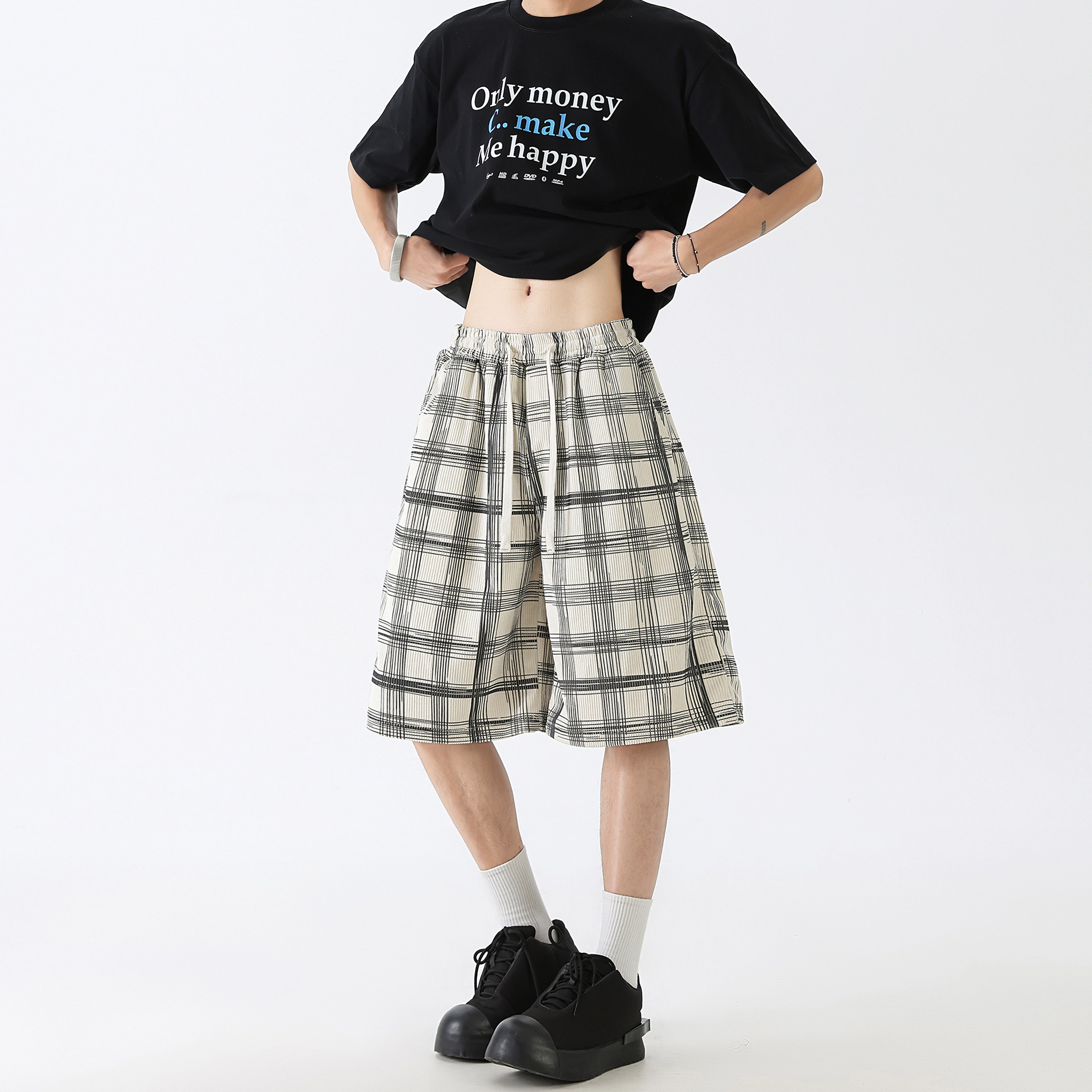 稻草人 美式高街格子条纹宽松运动百搭时尚五分潮流休闲短裤 男女同款