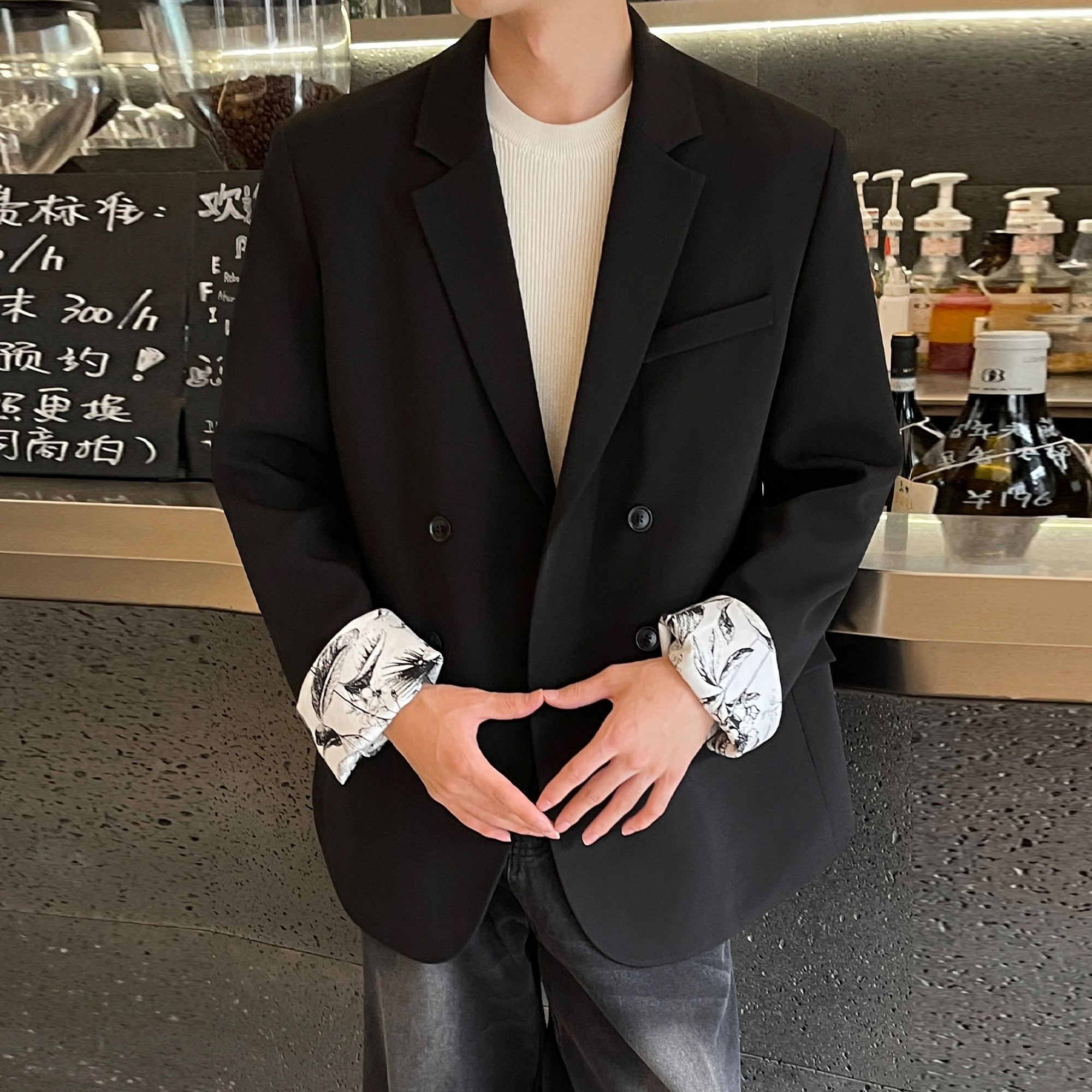 稻草人 美式高街纯色简约基础款袖口花卉内村垫肩外套高级感日常百搭休闲宽松潮流落肩长袖单排扣轻奢西装 男女同款