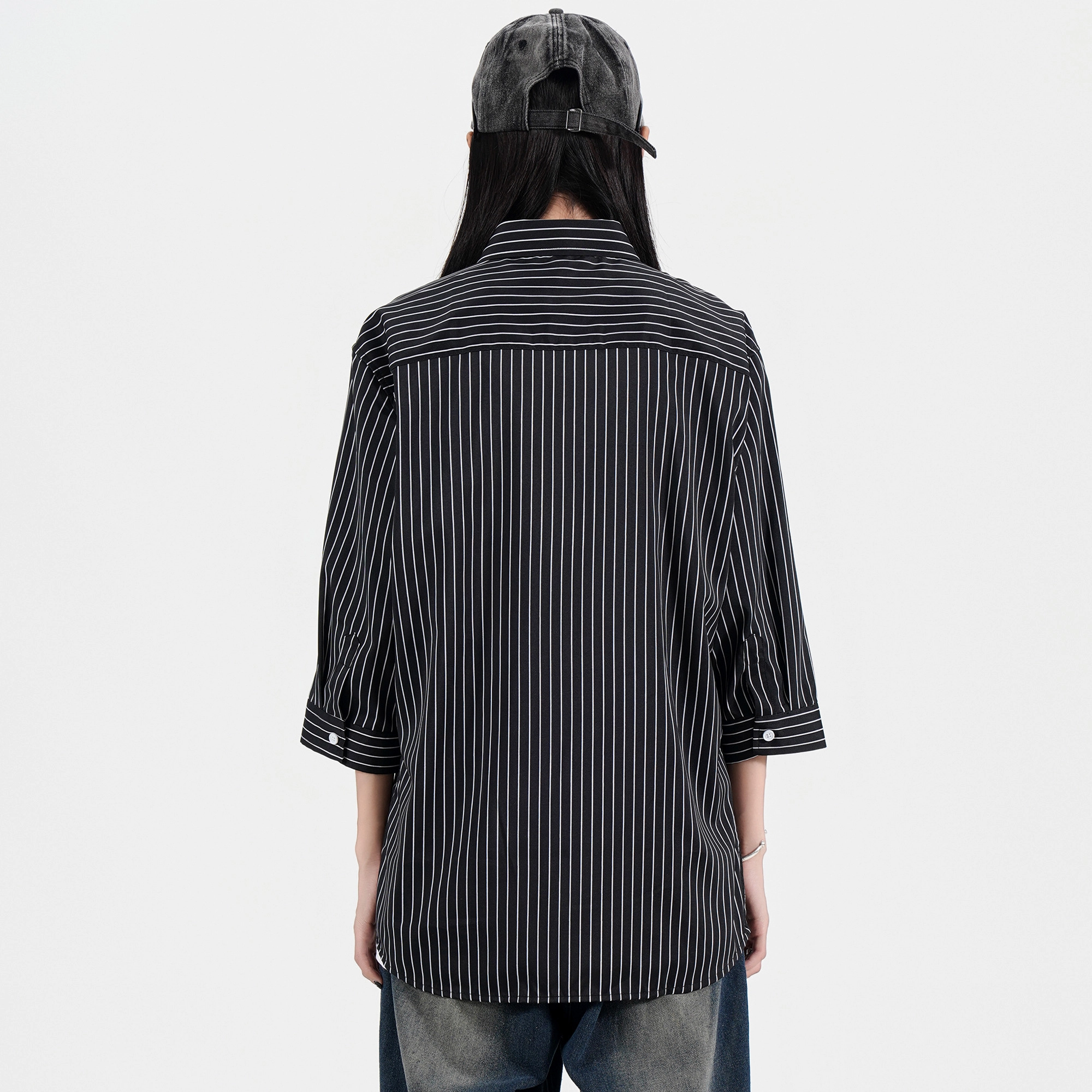 稻草人 日系简约条纹宽松休闲透气短袖衬衫 男女同款