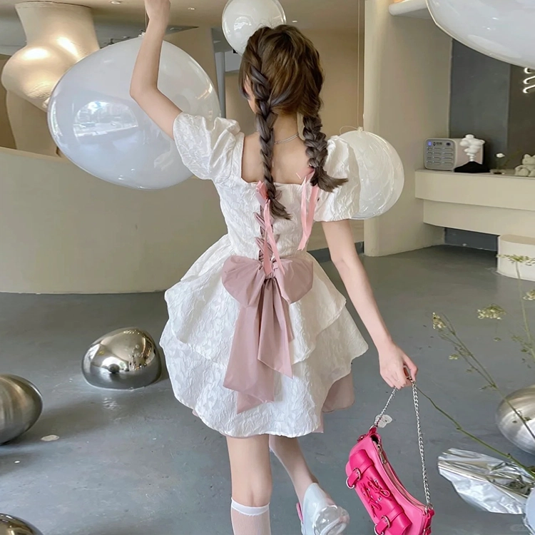 依钗 纯欲风甜美辣妹收腰蝴蝶结蓬蓬裙小个子专属设计感法式夏裙短袖连衣裙 女款