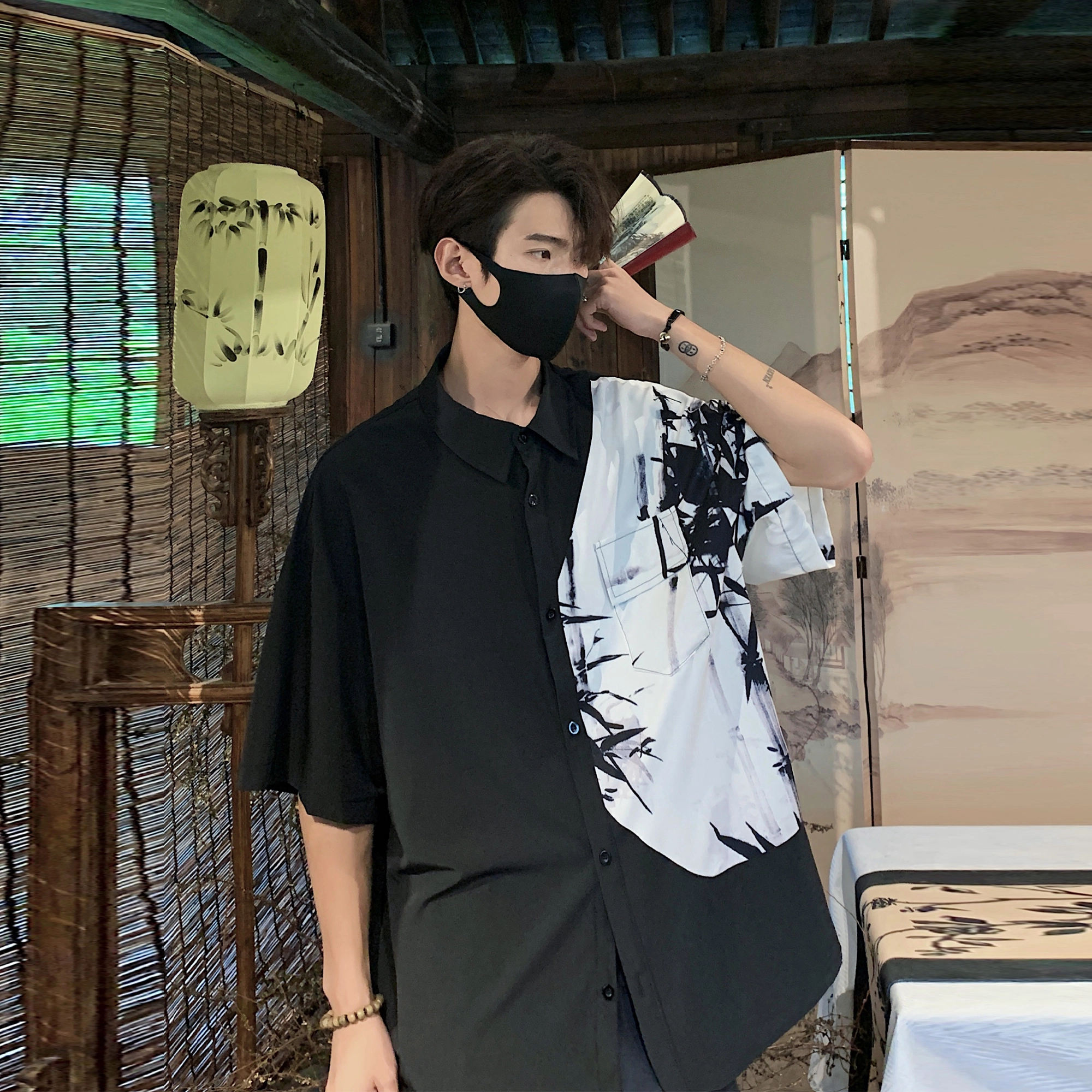 玉儿恋 新中式国风潮流拼接撞色翻领冰丝宽松休闲短袖衬衣百搭衬衫 男女同款
