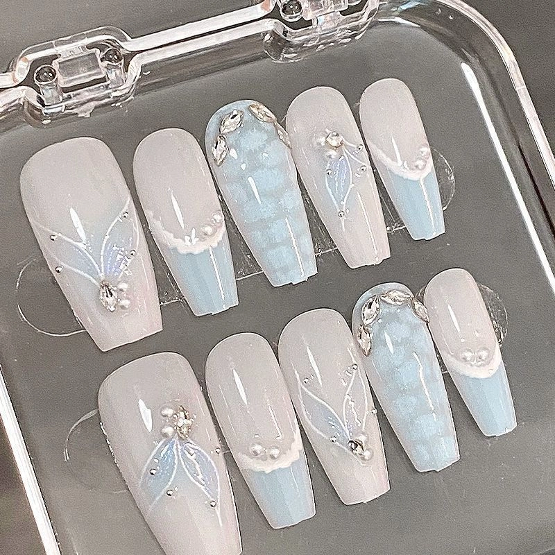奥兰诺 小熊天使蝴蝶结穿戴甲波点可爱卡通甜美少女美甲珍珠爱心指甲贴片  梯型蓝色渐变