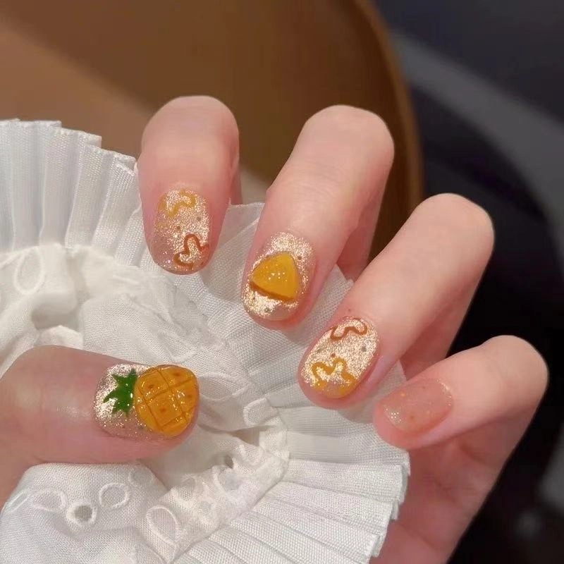 奥兰诺 夏季菠萝甜甜猫眼穿戴甲高级感穿戴甲甲片成品美甲贴片指甲片  短款浅色渐变 可爱