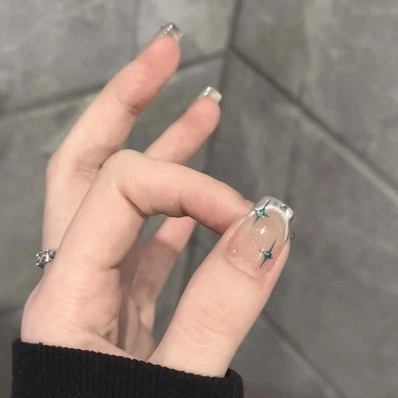 奥兰诺 清透蓝色四芒星魔镜法式猫眼百搭金属感高颜值美甲穿戴甲短款  中梯短梯短方短圆短款中长款浅色渐变 细闪