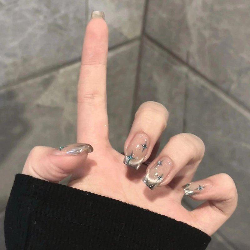 奥兰诺 清透蓝色四芒星魔镜法式猫眼百搭金属感高颜值美甲穿戴甲短款  中梯短梯短方短圆短款中长款浅色渐变 细闪
