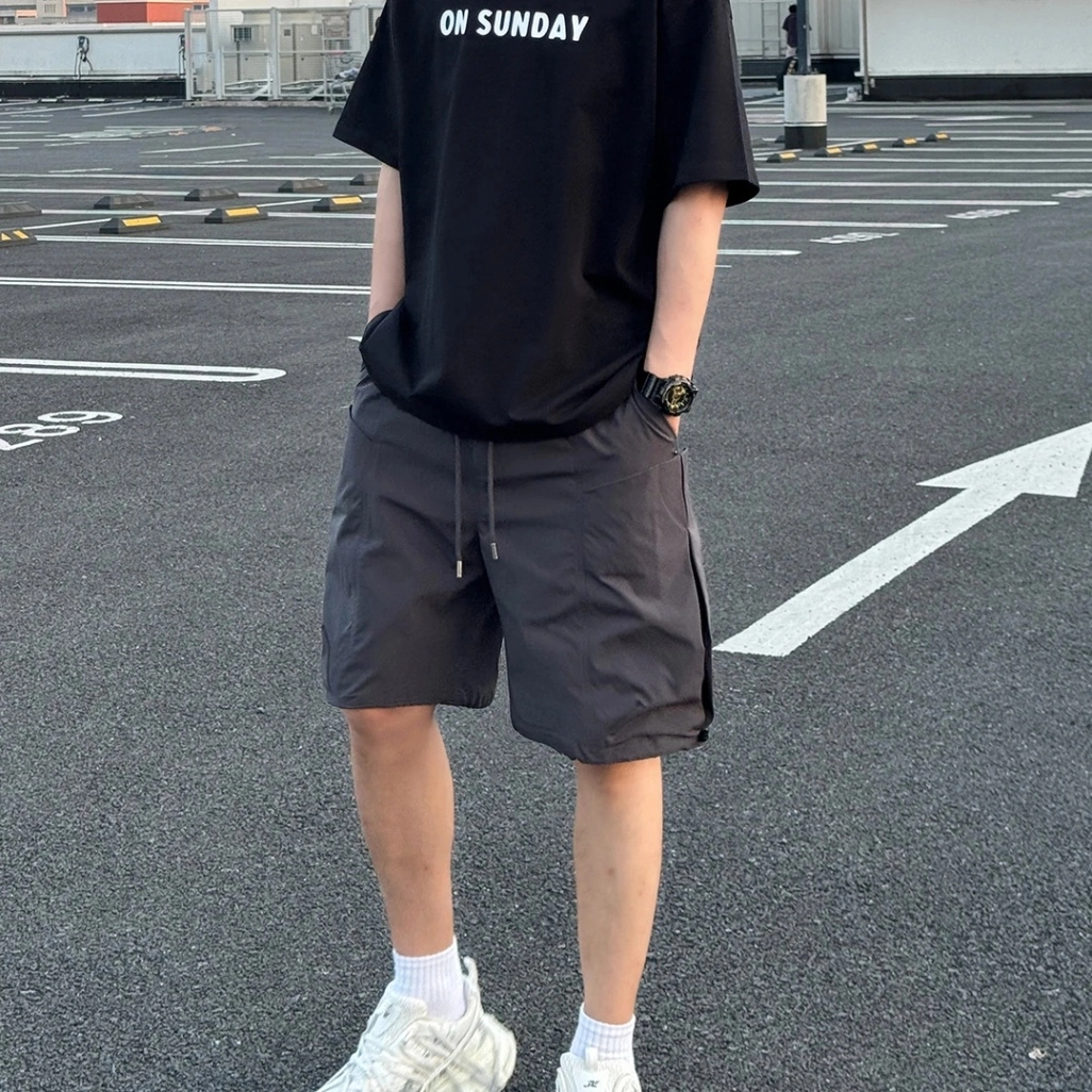 虫小绿 美式基础款山系户外大口袋纯色抽绳中腰宽松多口袋透气直筒工装五分休闲短裤 男女同款