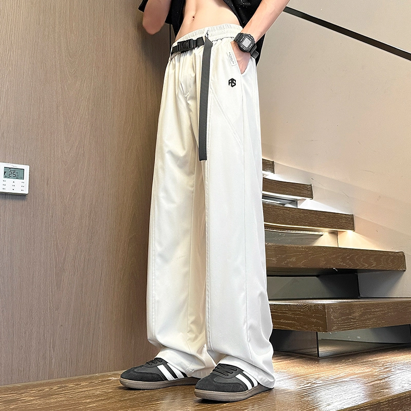 虫小绿 美式复古潮牌高街冰丝直筒腰带卡扣宽松透气百搭工装拼接纯色阔腿裤拖地弯刀休闲裤 男女同款