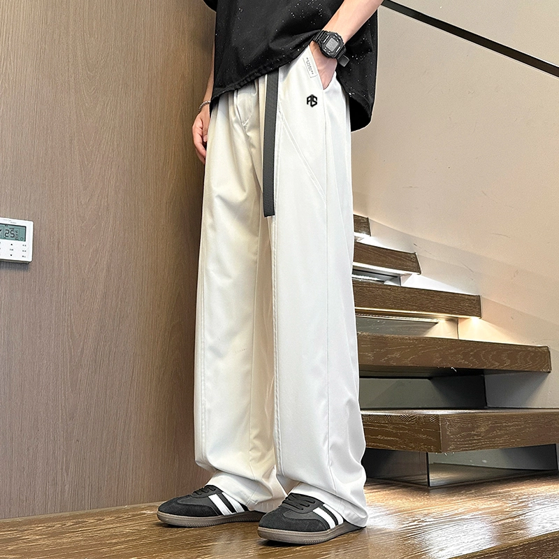 虫小绿 美式复古潮牌高街冰丝直筒腰带卡扣宽松透气百搭工装拼接纯色阔腿裤拖地弯刀休闲裤 男女同款