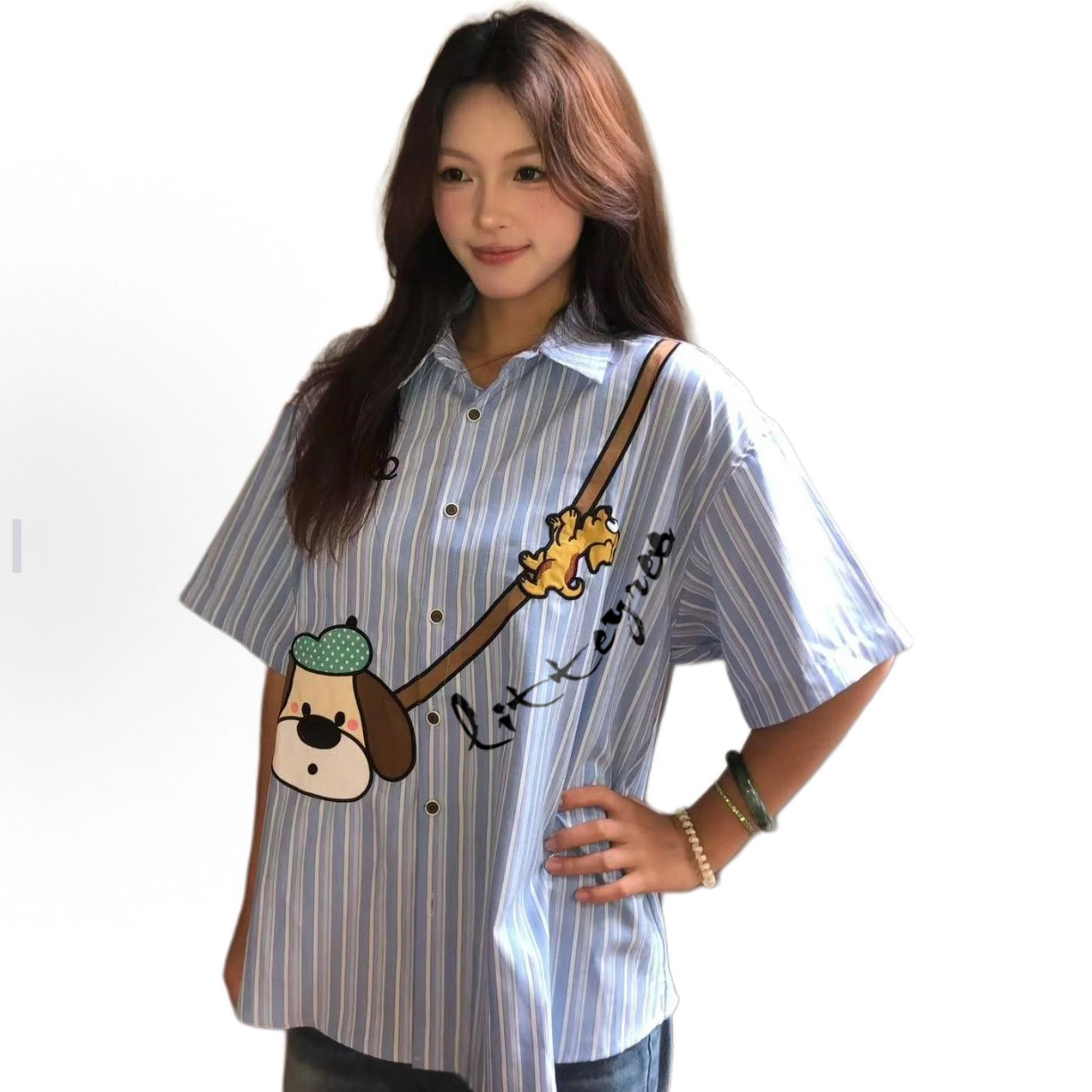 虫小绿 日系复古条纹休闲潮流时尚印花刺绣短袖衬衫 男女同款