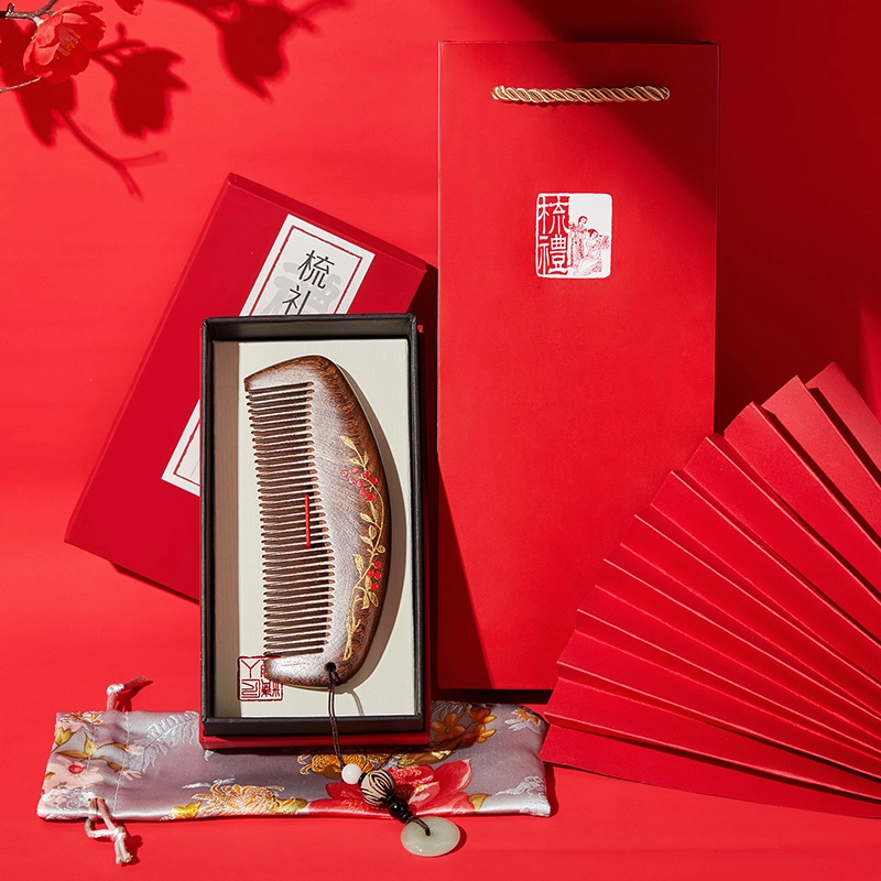 悦语 天然彩绘黑金檀木梳礼盒装女士梳经络按摩护发创意礼品梳礼盒装 实用 梳子及套装 棕色