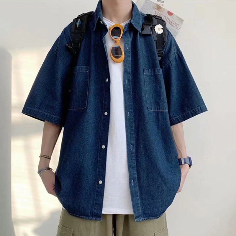 寻星记 韩版潮牌牛仔百搭透气休闲少年感短袖衬衫 男女同款