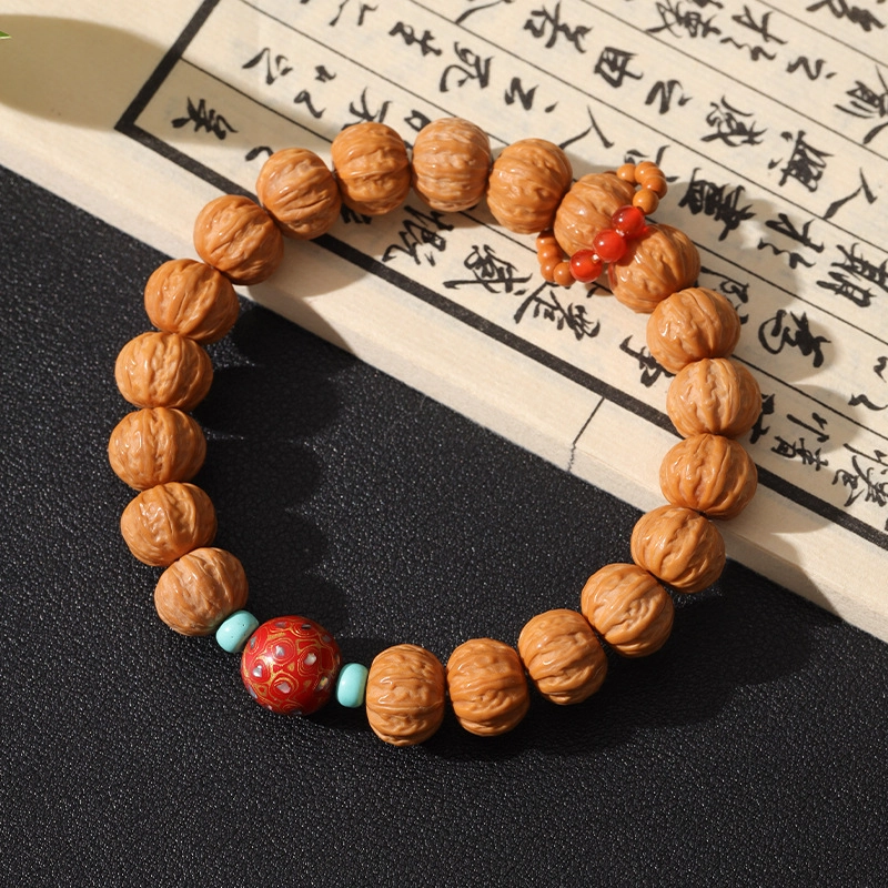 赤藤 诸事顺利招财纳福吉祥平安万事顺意新中式国潮民族风复古高级感木质盘玩高端配大漆珠文玩好运 猴头核桃 手串 男女同款情侣款