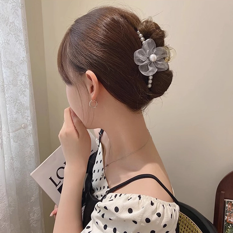 如花梦 欧根纱花朵珍珠女高端发卡后脑勺发抓夹 亚克力 发夹 女款