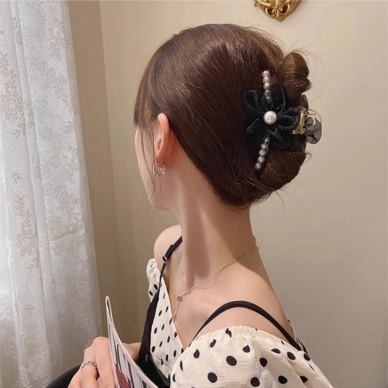 如花梦 欧根纱花朵珍珠女高端发卡后脑勺发抓夹 亚克力 发夹 女款
