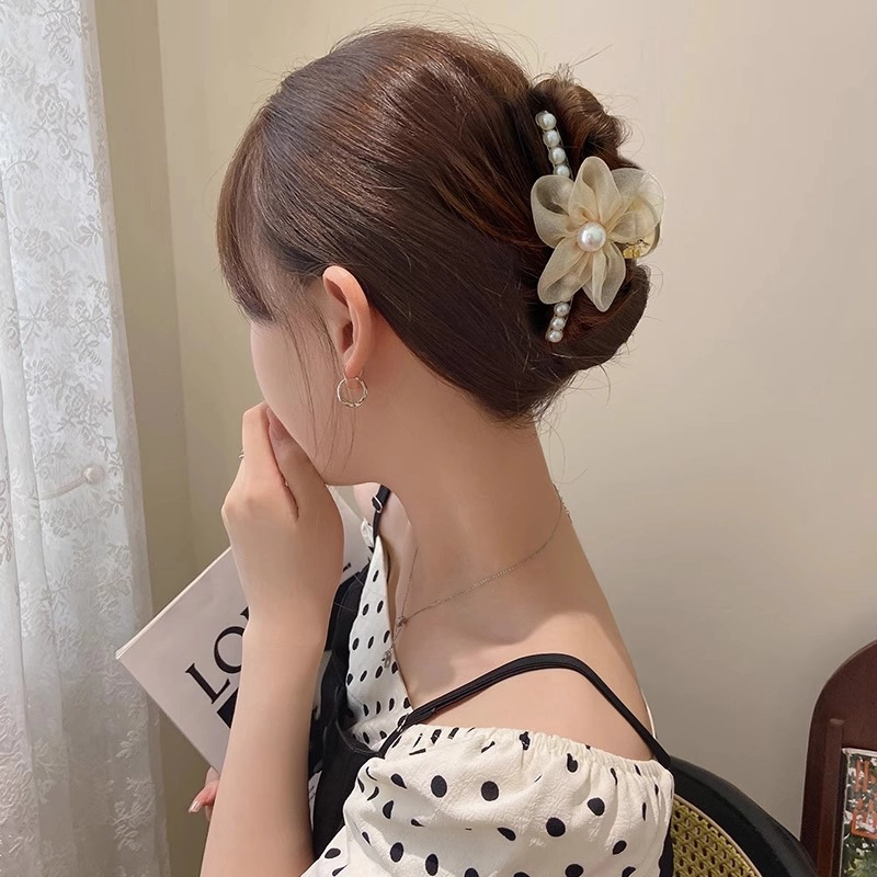 如花梦 欧根纱花朵珍珠女高端发卡后脑勺发抓夹 亚克力 发夹 女款