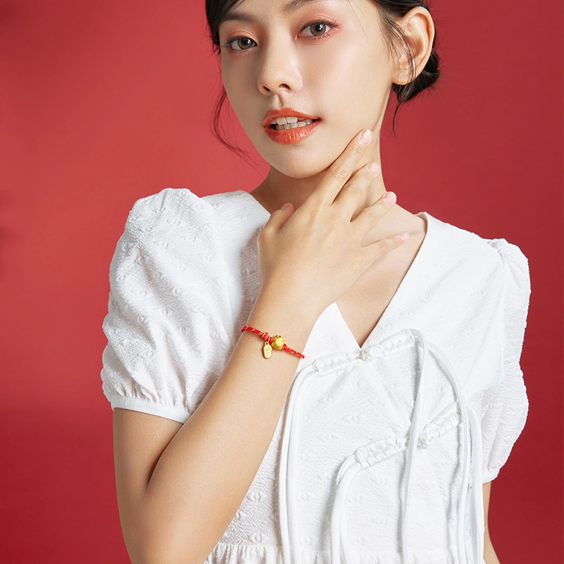 周六福 召财福袋福牌手饰编织手绳 足金 一口价 黄金手链 女款