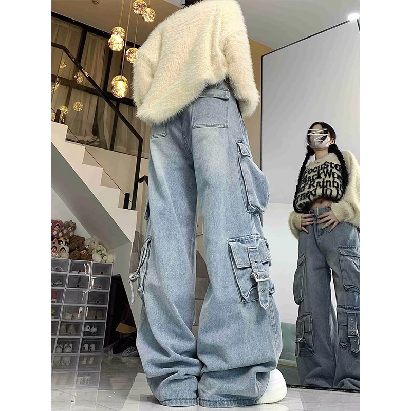 美式复古工装风多口袋舒适通勤长裤牛仔裤 男女同款