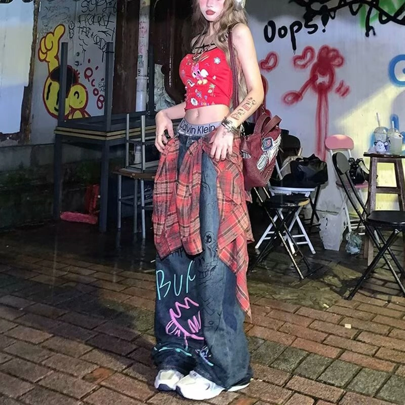 悍戈 美式高街复古涂鸦设计感宽松百搭裤子牛仔裤 男女同款