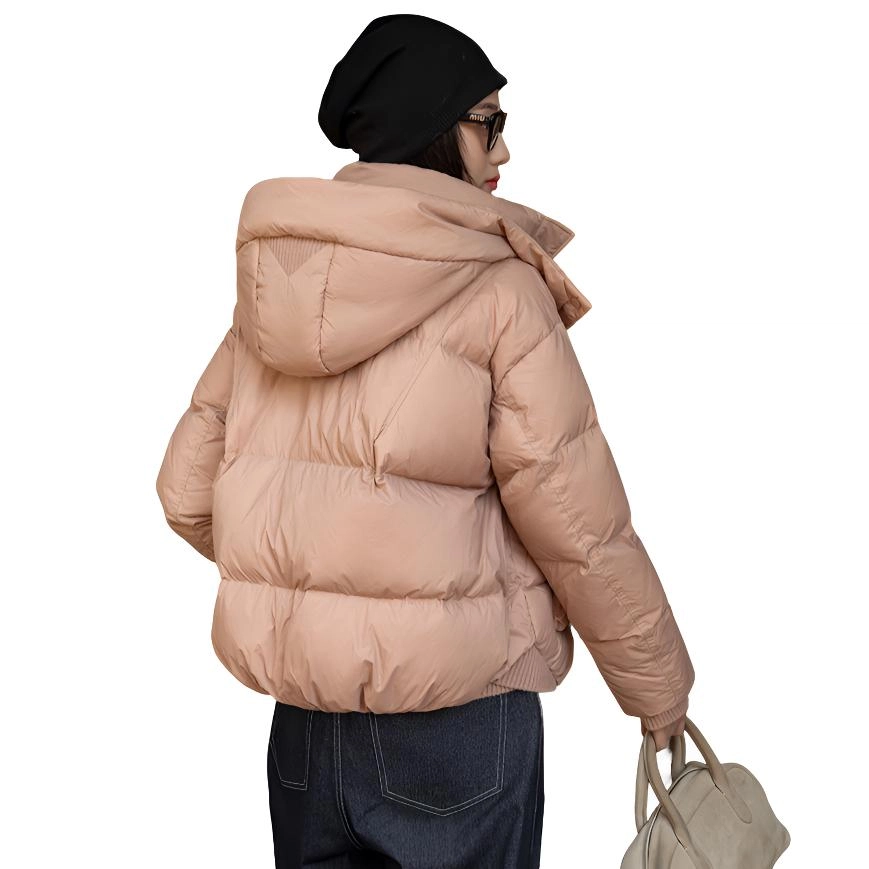 鸭鸭 纯色连帽宽松保暖加厚短款面包服长袖羽绒服 女款