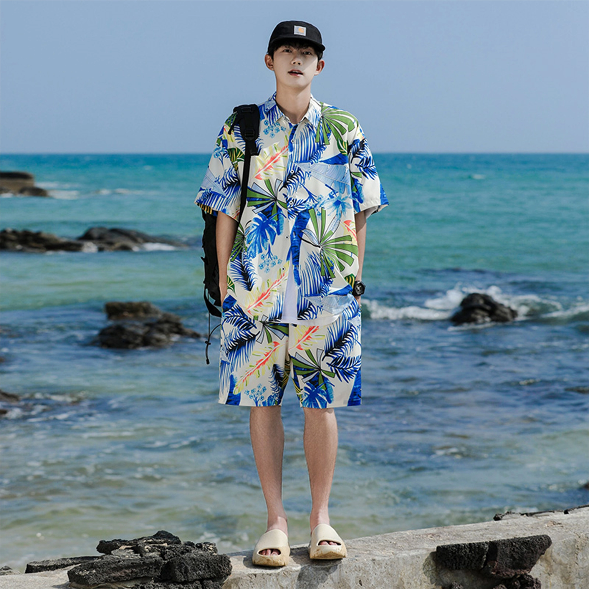 拾个壹先生 美式复古满印透气短袖宽松休闲五分裤衬衫套装 男女同款