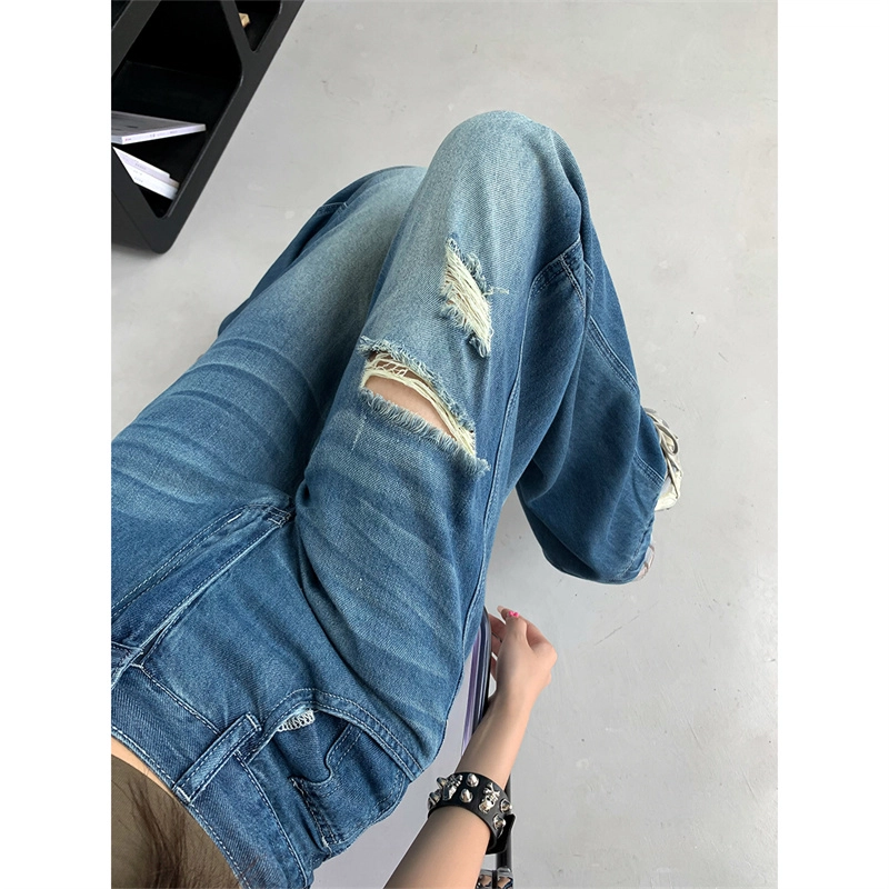 人本 美式复古水洗时尚休闲舒适阔腿拖地破洞宽松垂感直筒牛仔裤 女款