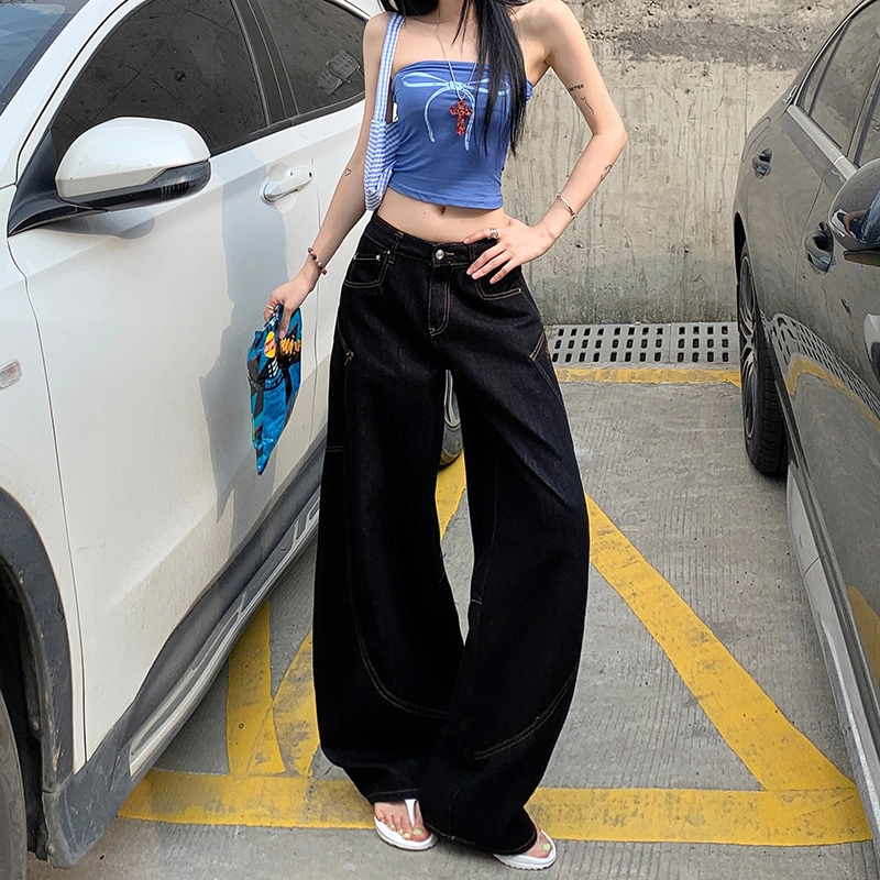 人本 美式复古舒适百搭弯刀字母刺绣拼接宽松休闲时尚高腰显瘦阔腿牛仔裤 女款
