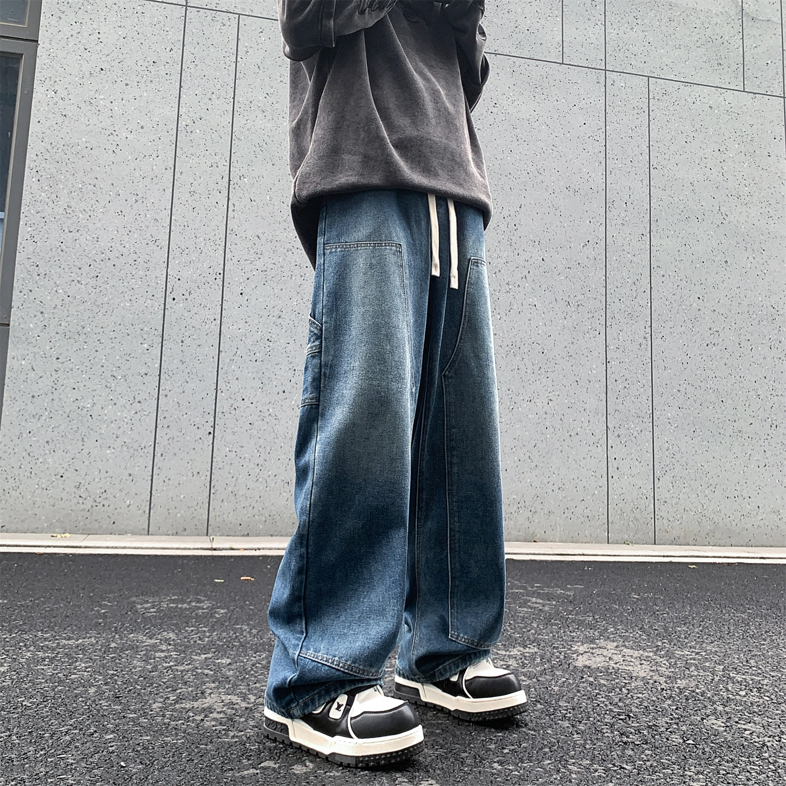 人本 直筒宽松休闲长裤抽绳系带中腰拼接飘带复古阔腿裤学生百搭牛仔裤 男女同款