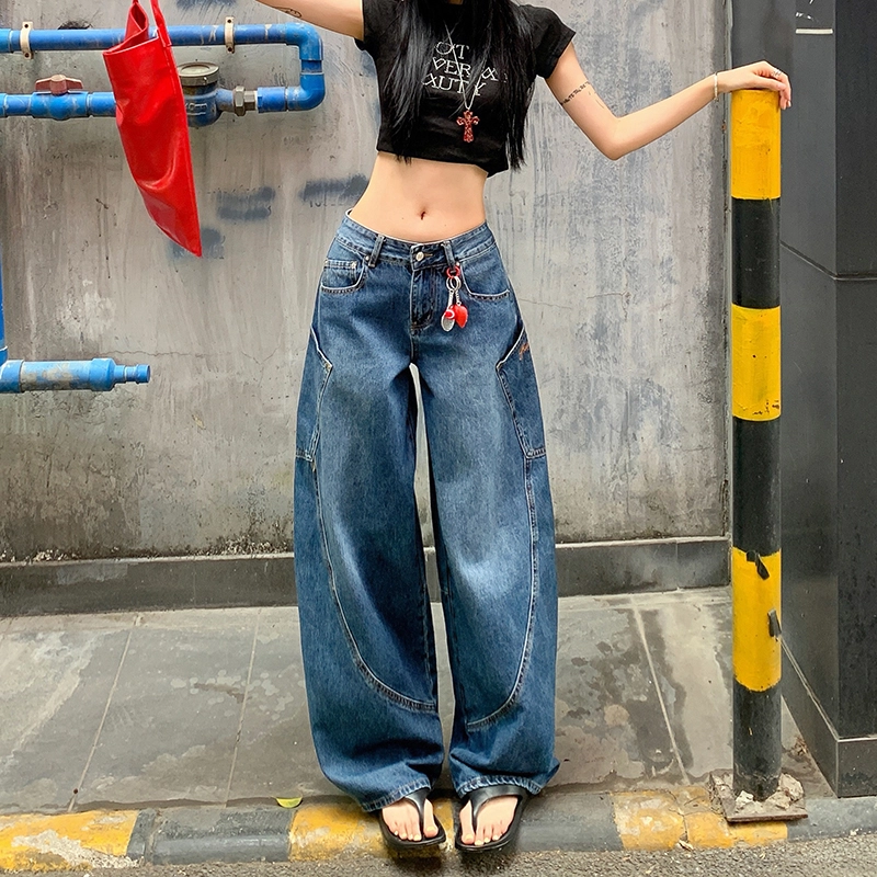 人本 美式复古舒适百搭弯刀字母刺绣拼接宽松休闲时尚高腰显瘦阔腿牛仔裤 女款