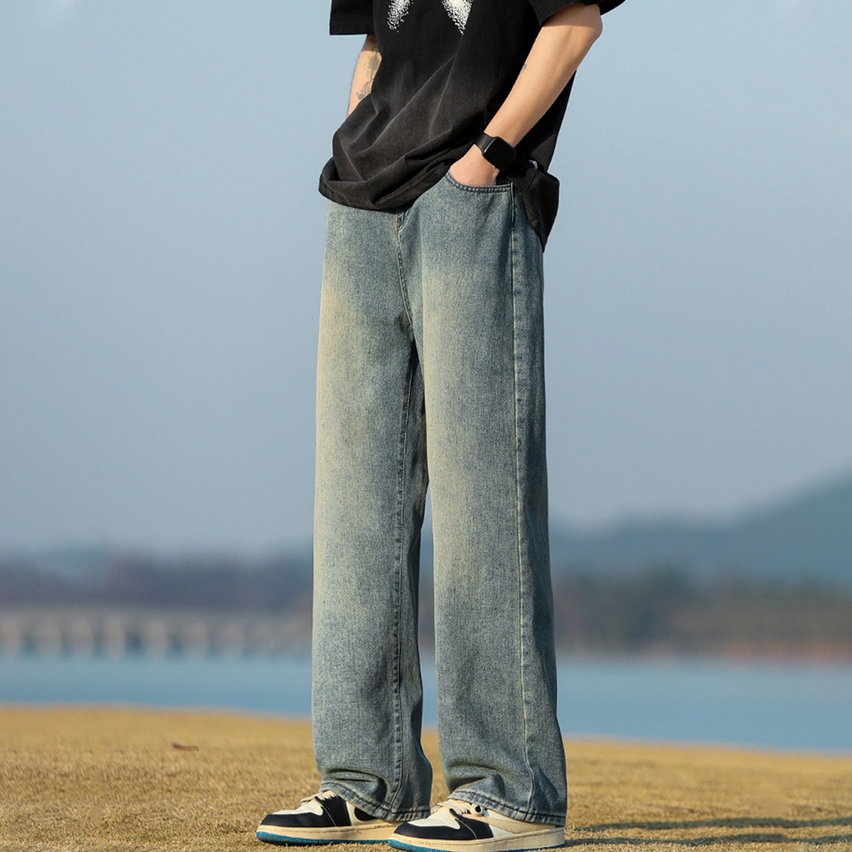 人本 中腰直筒宽松阔腿裤子松紧腰舒适休闲长裤牛仔裤夏季 男女同款