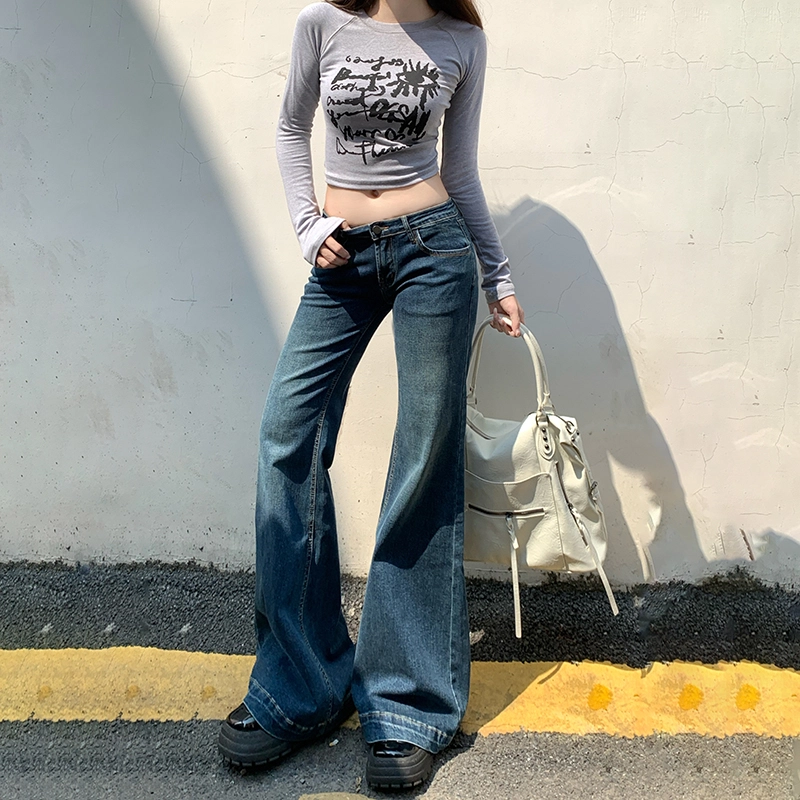 人本 美式辣妹复古风格舒适百搭弹力时尚直筒低腰拖地阔腿牛仔裤 女款