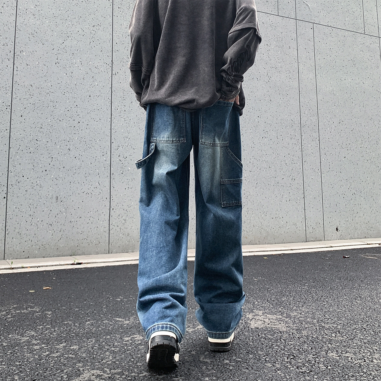人本 直筒宽松休闲长裤抽绳系带中腰拼接飘带复古阔腿裤学生百搭牛仔裤 男女同款