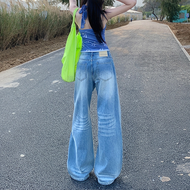 人本 美式复古水洗显瘦直筒垂感折痕宽松阔腿牛仔裤 女款