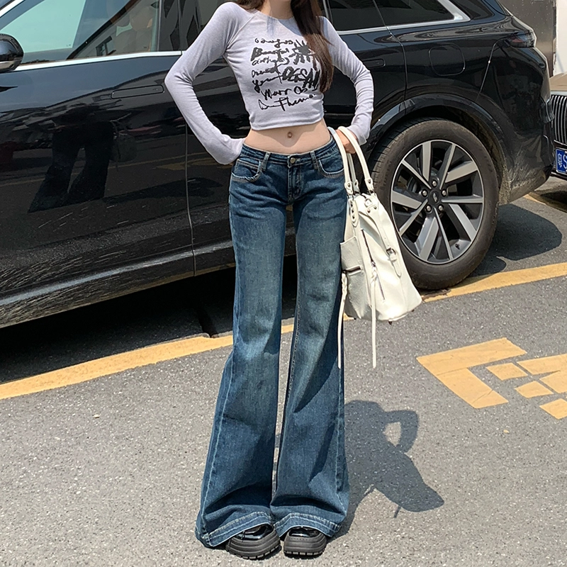 人本 美式辣妹复古风格舒适百搭弹力时尚直筒低腰拖地阔腿牛仔裤 女款