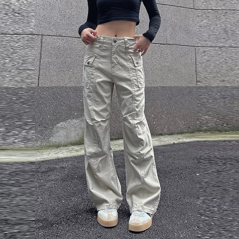 人本 美式多口袋宽松街头百搭直筒休闲复古水洗做旧风牛仔裤 女款
