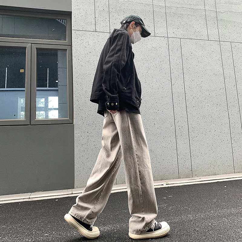 人本 美式复古水洗磨白做旧基础款简约校园学生青春文艺时尚百搭显高直筒牛仔裤 男女同款 灰色