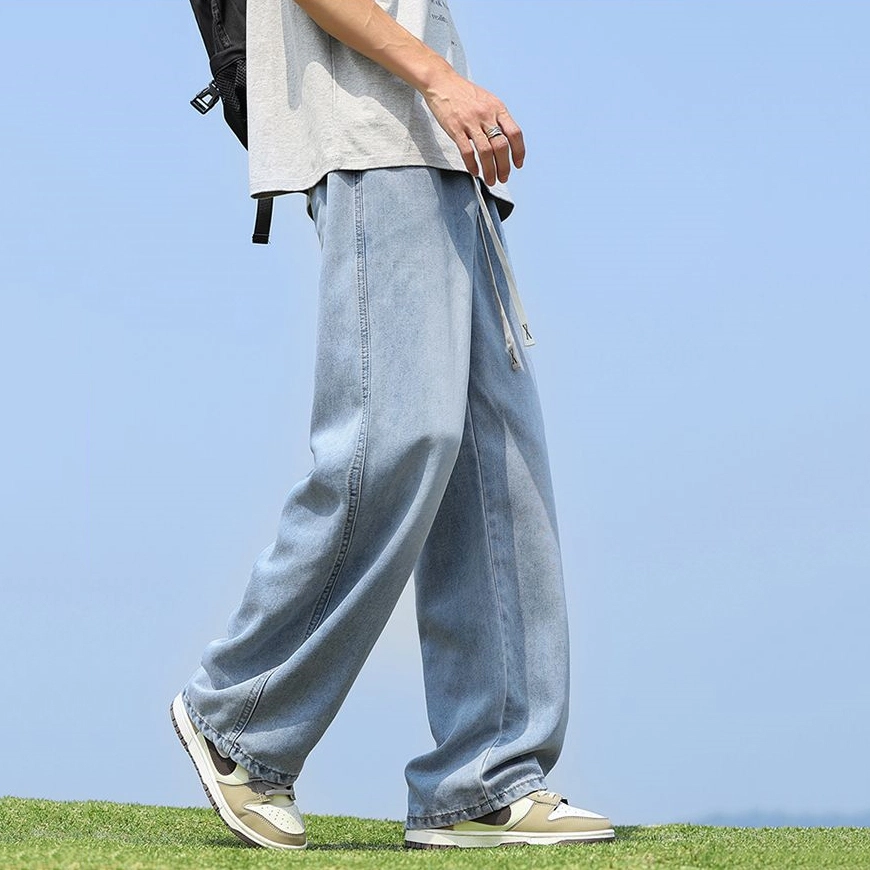 人本 户外百搭宽松直筒长裤简约潮流美式高街水洗系带松紧腰牛仔裤 男女同款