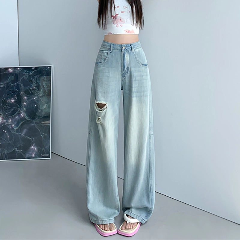 人本 美式复古水洗时尚休闲舒适阔腿拖地破洞宽松垂感直筒牛仔裤 女款