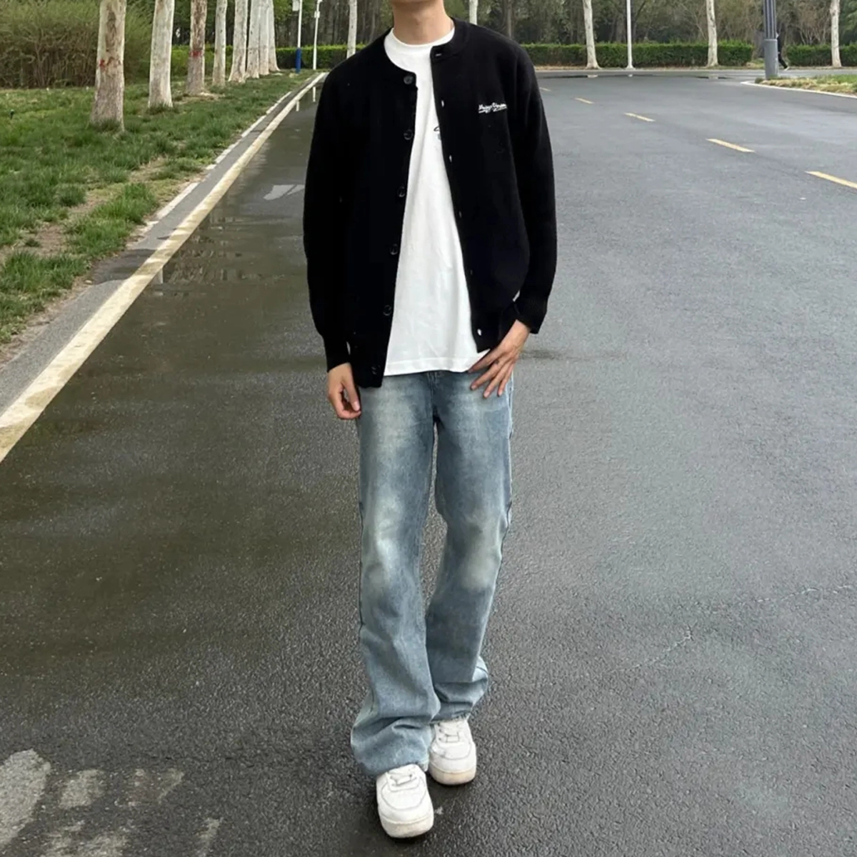人本 高级设计感闪电裂纹水洗潮流直筒宽松裤子阔腿长裤牛仔裤 男女同款 浅蓝色