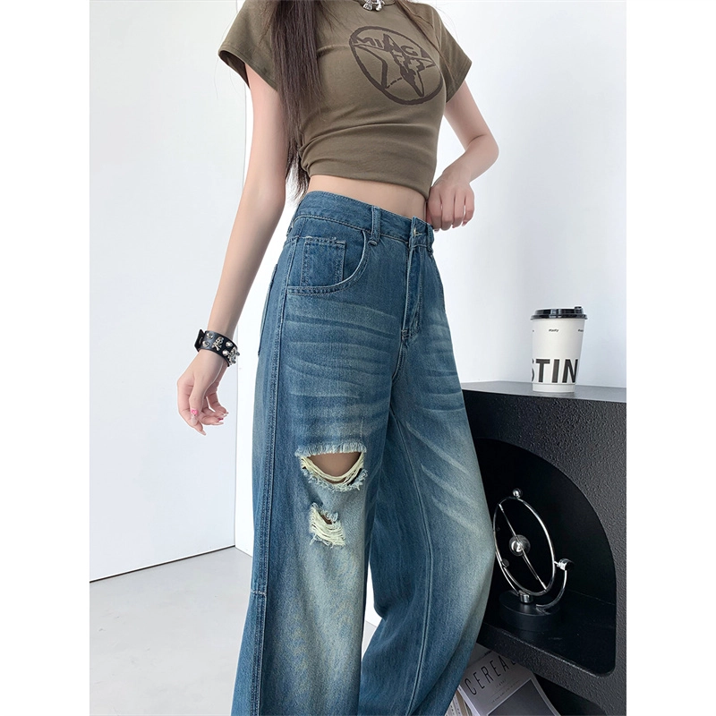 人本 美式复古水洗时尚休闲舒适阔腿拖地破洞宽松垂感直筒牛仔裤 女款