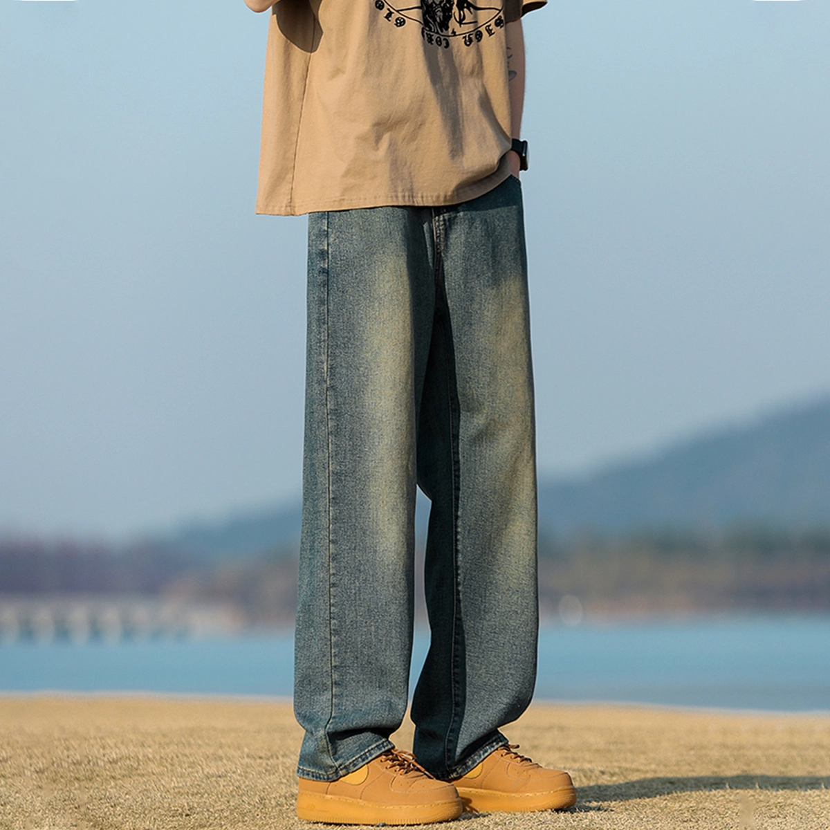 人本 中腰直筒宽松阔腿裤子松紧腰舒适休闲长裤牛仔裤夏季 男女同款