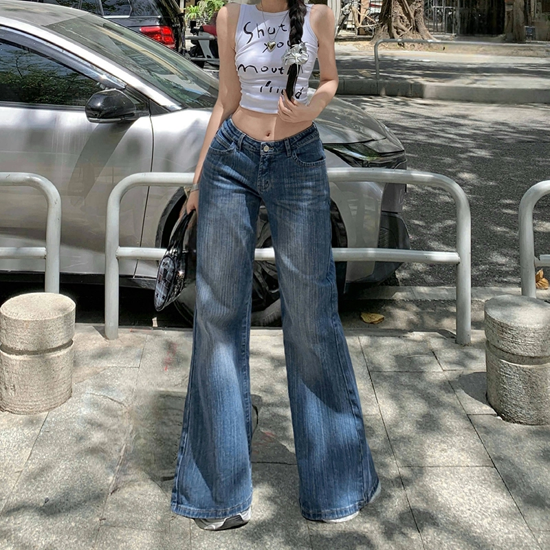 人本 宽松显瘦重工竹节纹超级复古蓝美式低腰阔腿微喇牛仔裤 女款