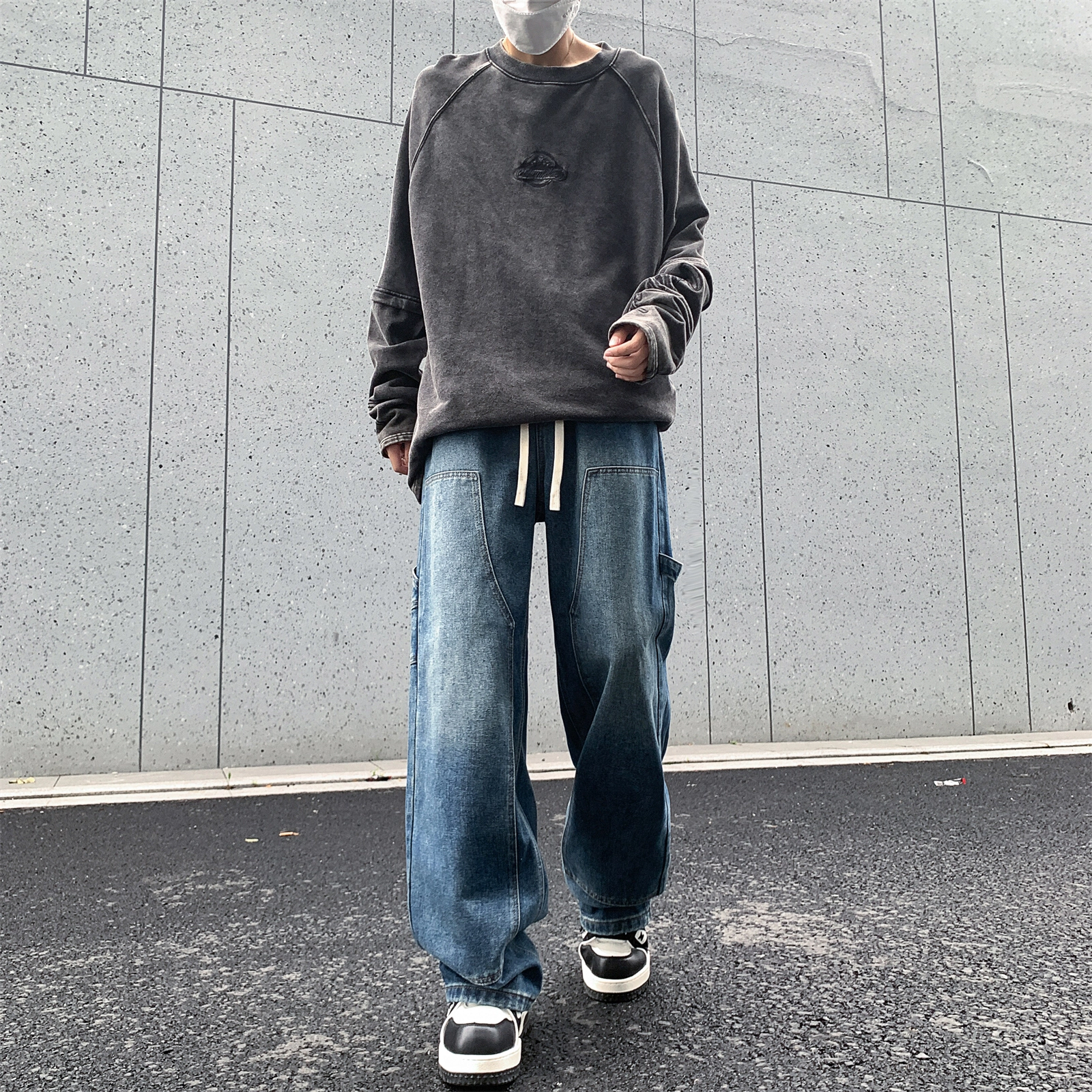 人本 直筒宽松休闲长裤抽绳系带中腰拼接飘带复古阔腿裤学生百搭牛仔裤 男女同款