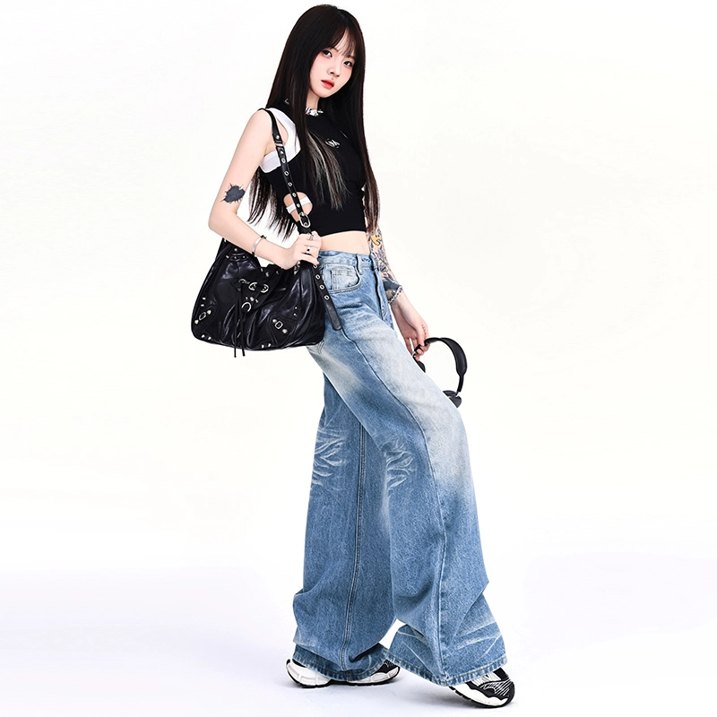 人本 美式百搭时尚做旧水洗折痕拖地显瘦宽松直筒阔腿裤牛仔裤 女款 蓝色