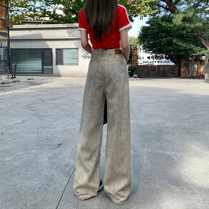 人本 美式百搭宽松休闲直筒裤复古废土风扎染阔腿牛仔裤 女款