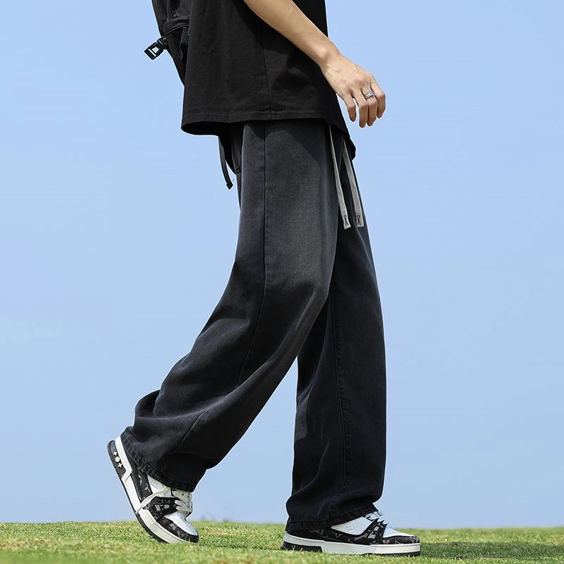 人本 户外百搭宽松直筒长裤简约潮流美式高街水洗系带松紧腰牛仔裤 男女同款