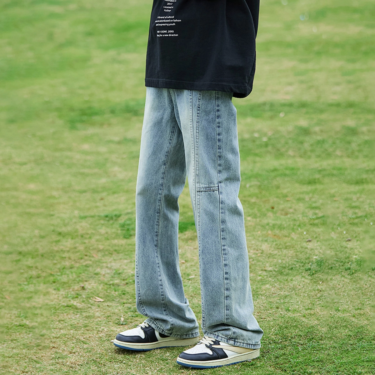 人本 简约拼接校园通勤直筒裤子微喇显瘦水洗长裤子牛仔裤夏季 男女同款 蓝色