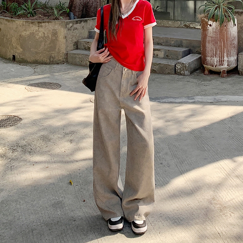 人本 美式百搭宽松休闲直筒裤复古废土风扎染阔腿牛仔裤 女款